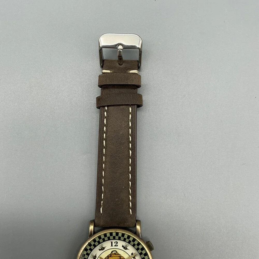 Womens Watch 33mm Beehive Bees Dial Gold Tone Brown Leather New Battery